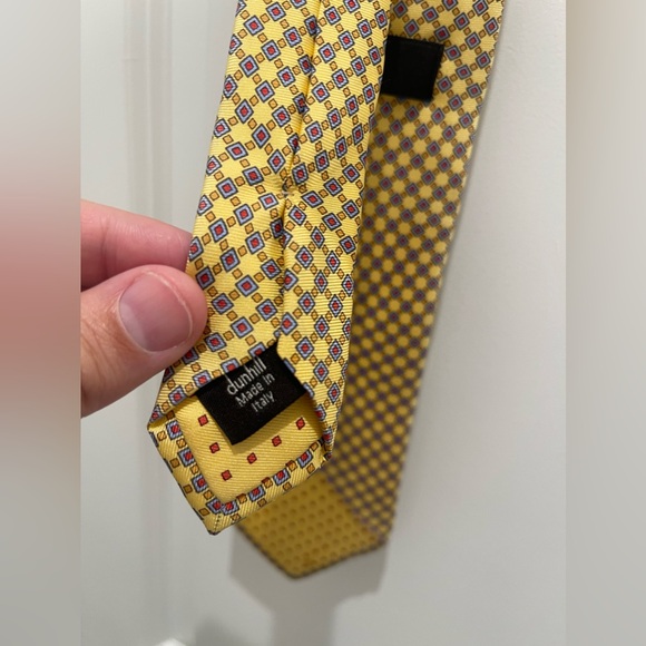Dunhill Silk Tie Made in Italy Geometric Diamond Pattern Gold Yellow Blue Red - Picture 9 of 14